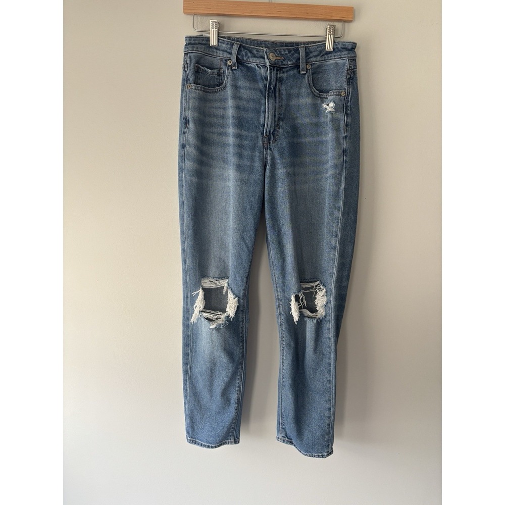 American Eagle Outfitters High Rise Distressed Mom Jeans Comfort Stretch Sz 8